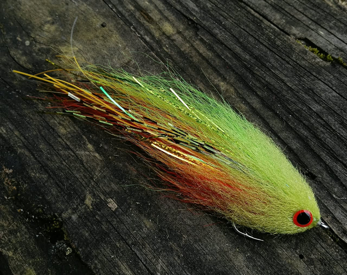 Fire Tiger fly, 6 inch long peacock bass streamer tied with greens, yellow, red and chart head
