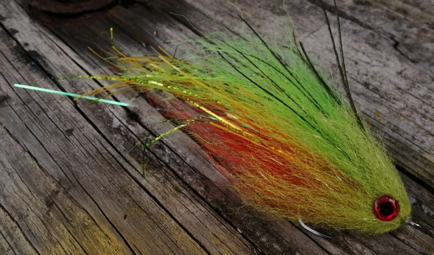Fire Tiger fly, 6 inch long peacock bass streamer tied with greens, yellow, red and chart head