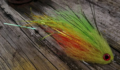 Fire Tiger fly, 6 inch long peacock bass streamer tied with greens, yellow, red and chart head