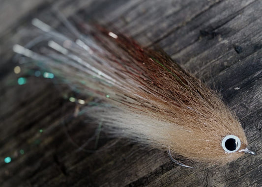 Mullet fly 6 inch long peacock bass fly, with crea, tan and brown colors