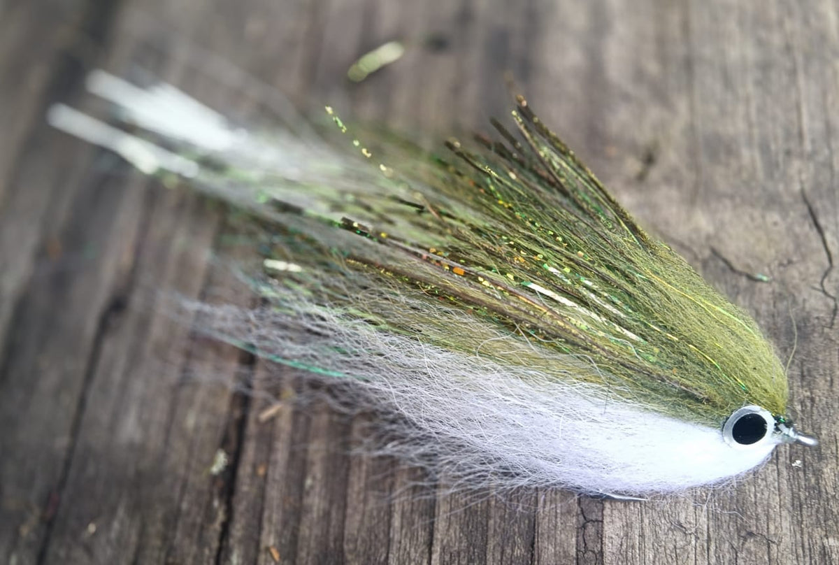 Olive/white fly, hand-tied 6-inch peacock bass streamer in olive and white 