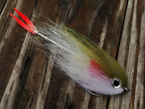 Red Tail Arari peacock bass snack fly in olive green and white with a red gill and a red tail on weathered wood.