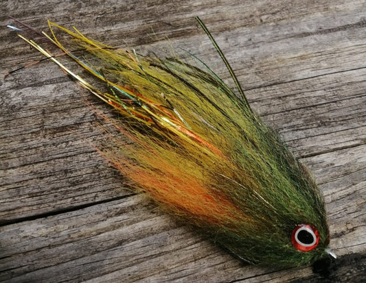 Small peacock bass fly, 6 inch peacock bass streamer with yellow, orange hair and dark olive head