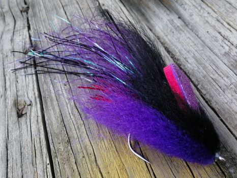 Black and purple diver fly with a red/purple foam head and pearl flash on weathered wood.