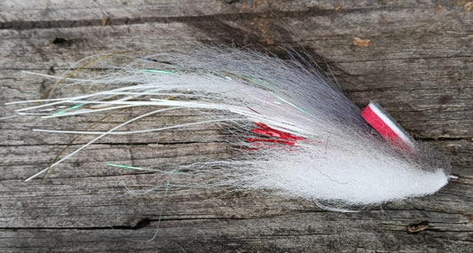Gray and white bait fish diver fly with a silver/red foam head on weathered wood.